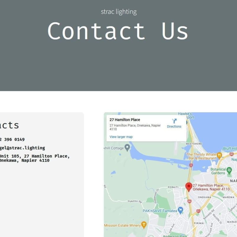 an example of a contact page for a website, with a bold title, contact section, and map embeded